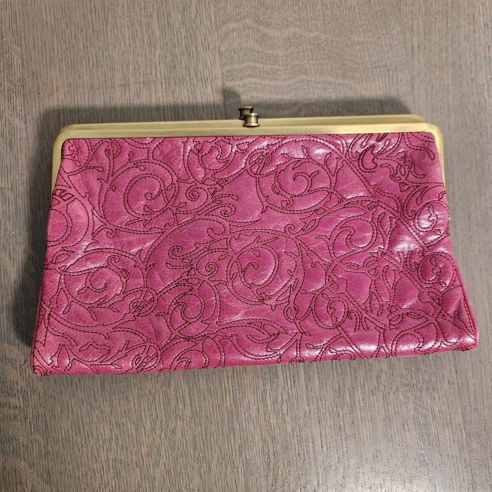 Hobo International Fuchsia Pink Tooled Leather Kisslock Frame Wallet Clutch Bag